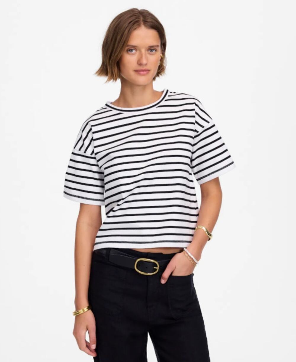 Madewell Everyday Boxy Crop Tee WMNS XS White Black Striped Heavyweight Jersey